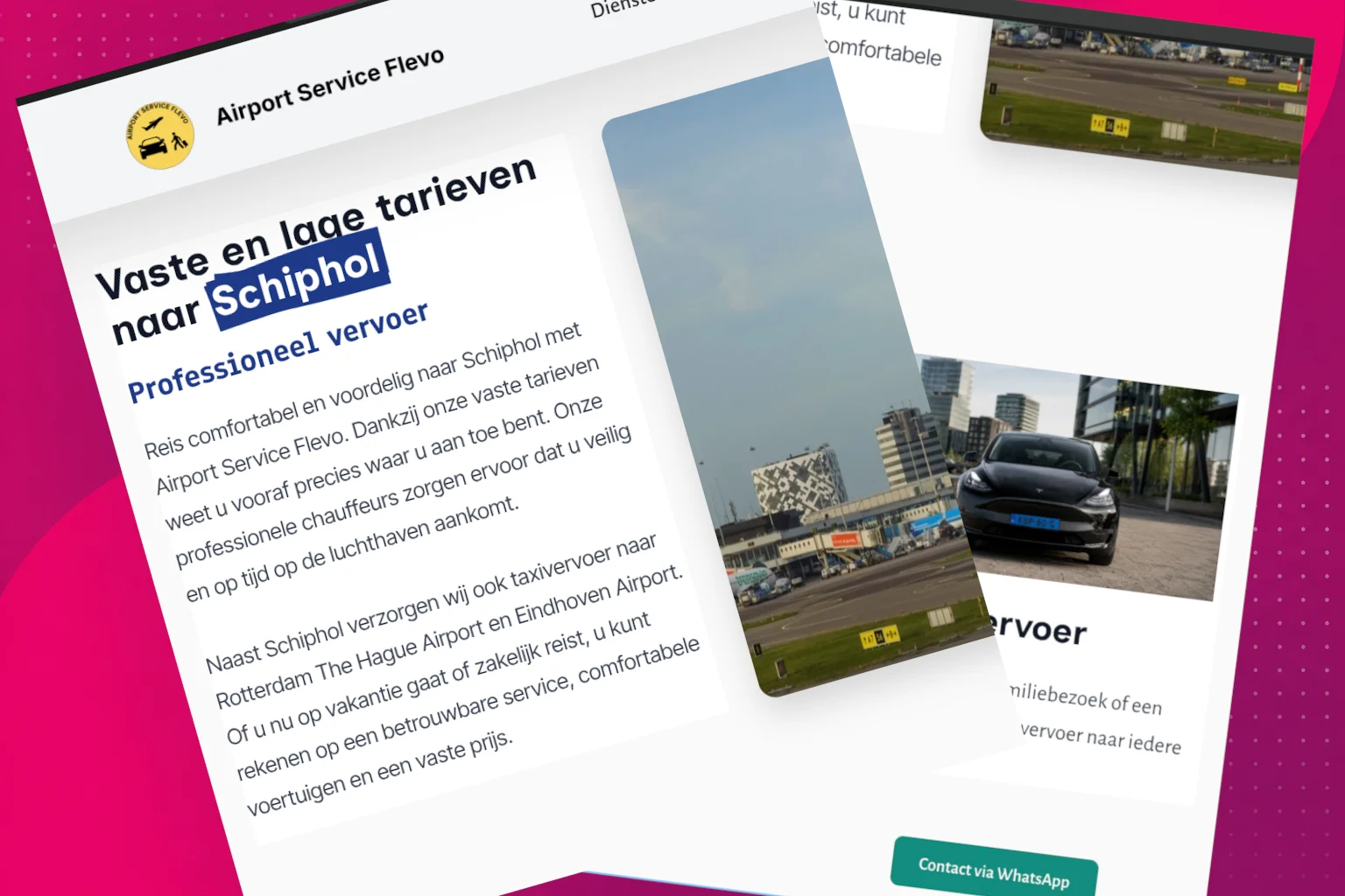 Airport Service Flevo website for transportation to Schiphol Airport